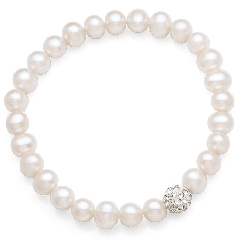 Synthetic 8-8.5mm Pearl Stretch Bracelet With Crystal Ball