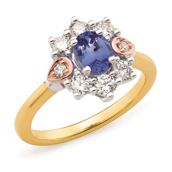 9ct 3-Tone Gold Ceylon Sapphire & Diamond Ring