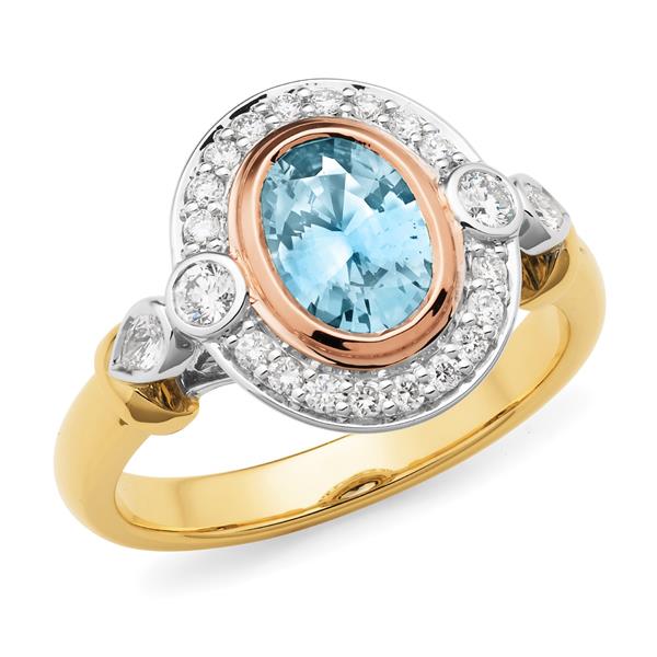 18ct 3-Tone Aquamarine Diamond Ring