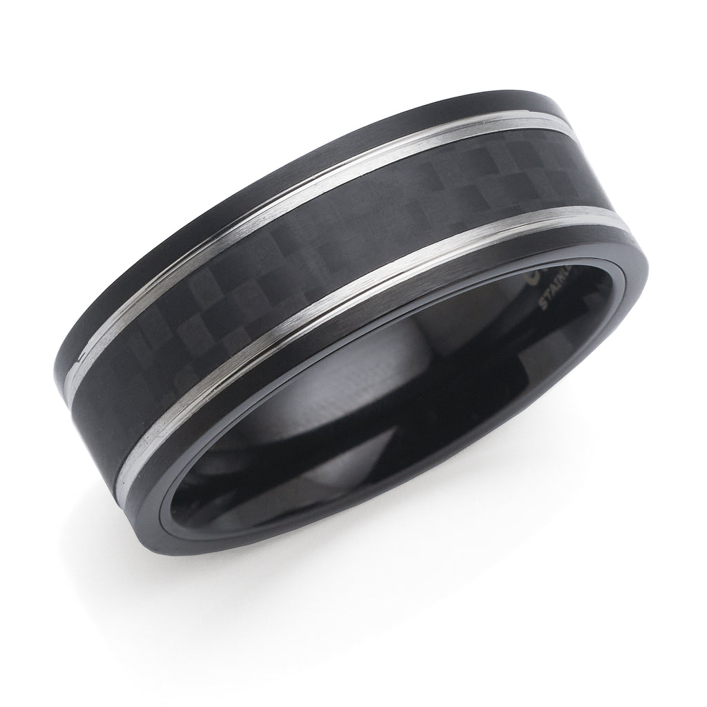 Cudworth Stainless Steel Black Carbon Fibre 7mm Wide Ring
