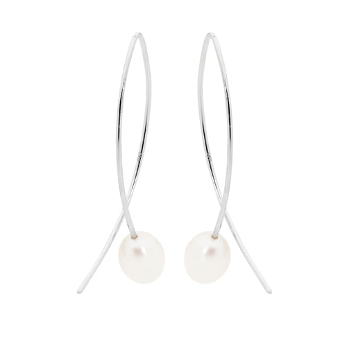 Ellani Sterling Silver Pearl Thread Hoops E513