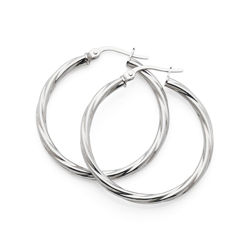 9ct White Gold 25mm Twist Hoop Earrings