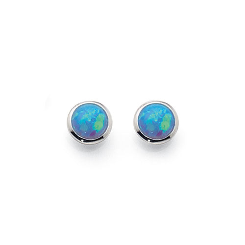 Sterling Silver Created Blue Opal Round Studs