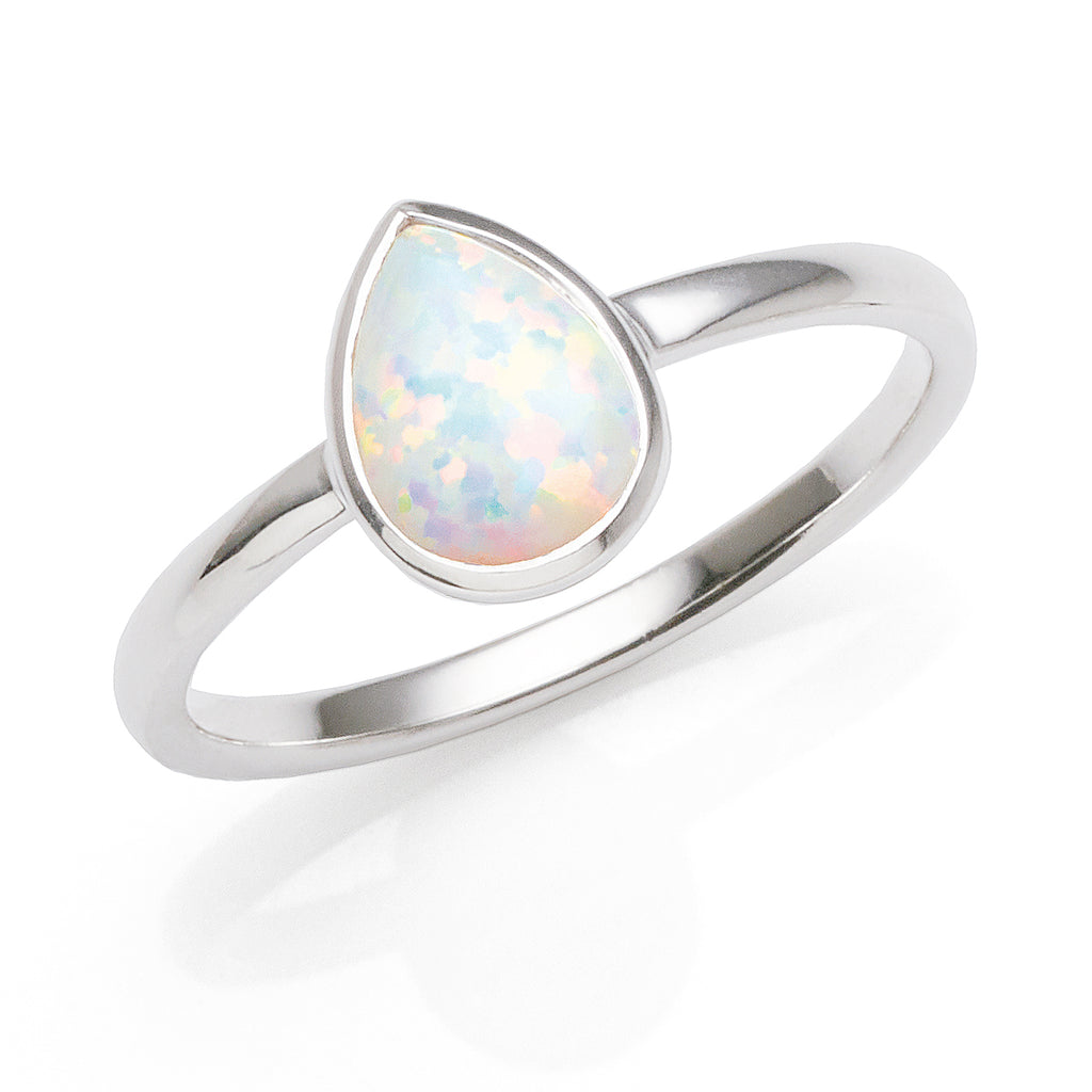 Sterling Silver Created White Opal Pear Shaped Ring