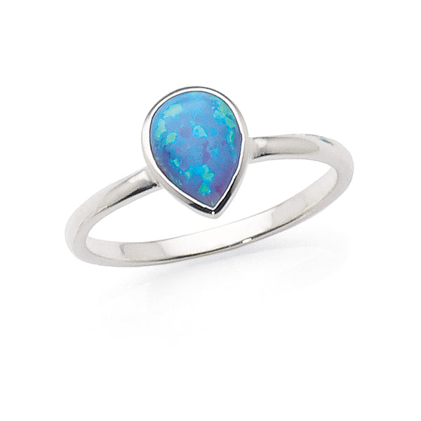 Sterling Silver Created Blue Opal Pear Shaped Ring