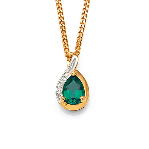 9ct Gold Created Emerald & Diamond Pendant