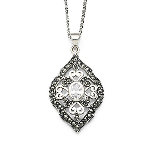 Sterling Silver Oval Cubic Zirconia & Marcasite Pendant