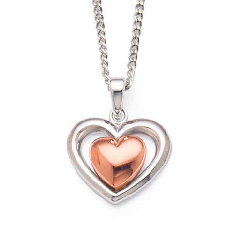 Sterling Silver Rose Tone Double Heart Pendant