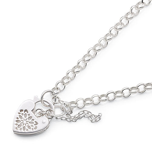 Sterling Silver Cutout Flower Heart Padlock Round Belcher Br