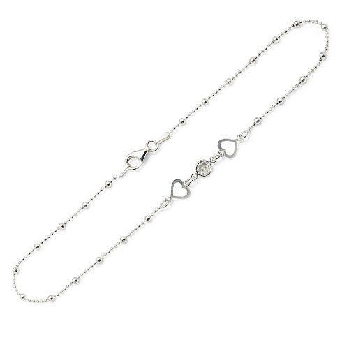 Sterling Silver Ball Link Open Heart & Cubic Zirconia Anklet