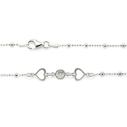 Sterling Silver Ball Link Open Heart & Cubic Zirconia Anklet