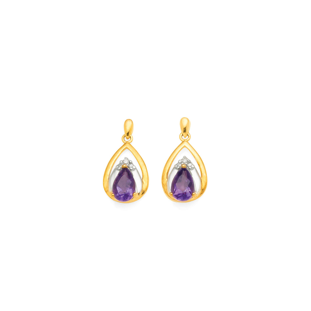 9ct Yellow Gold Amethyst & Diamond Pear Shaped Studs