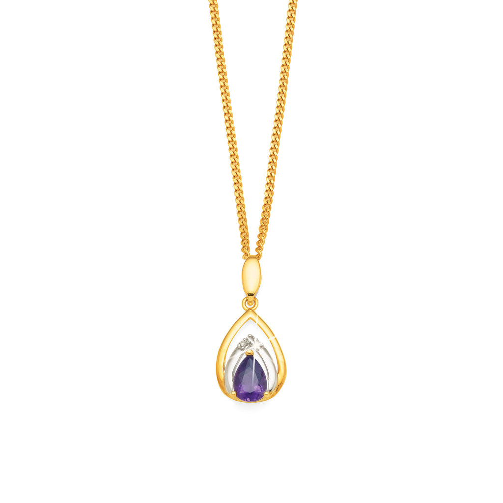 9ct Yellow Gold Amethyst & Diamond Pear Shaped Pendant