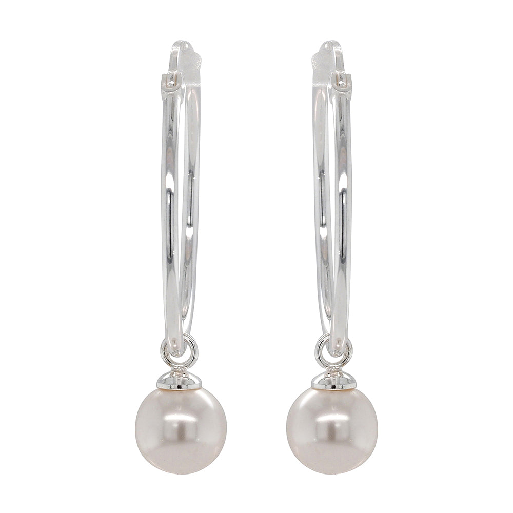 Sterling Silver Pearl Drop 25mm Hoop Earrings