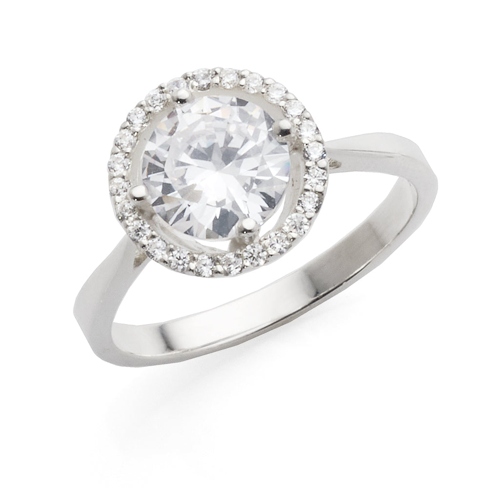 Sterling Silver Round Cubic Zirconia Halo Ring With Pointed