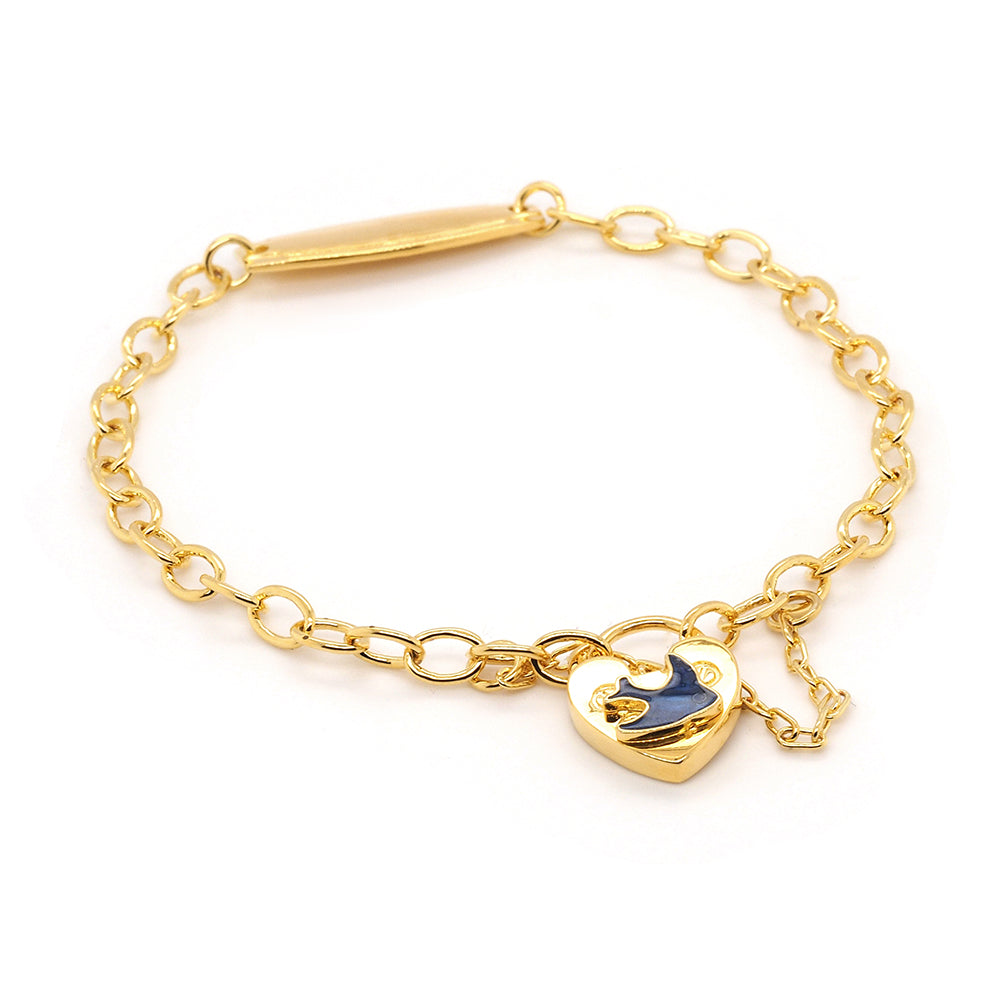 Gold Tone ID Bluebird Heart Padlock Oval Belcher 16cm Bracel