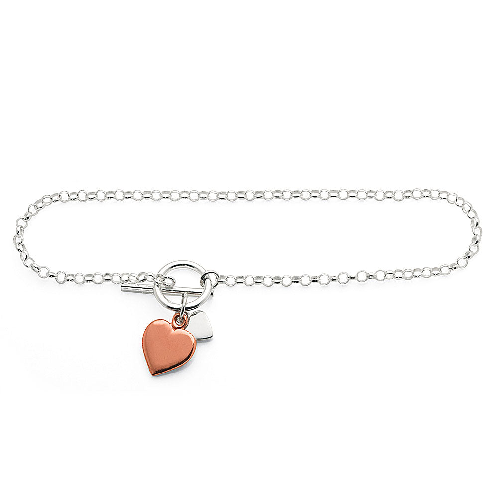 Sterling Silver Bracelet with Rose Tone Hanging Heart Charm