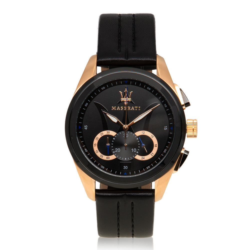 Maserati 'Traguardo' Multifunction Black Leather Watch R8871