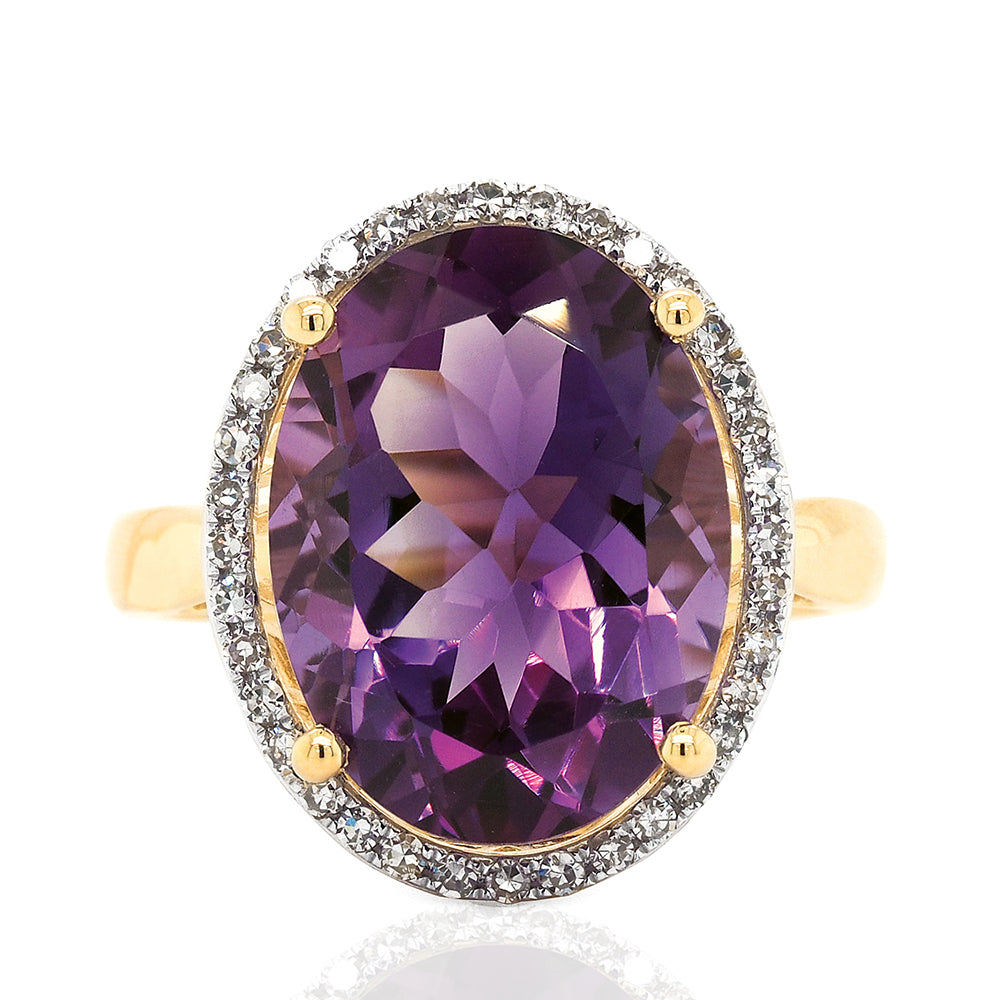 9ct Gold Amethyst and Diamond Halo Ring