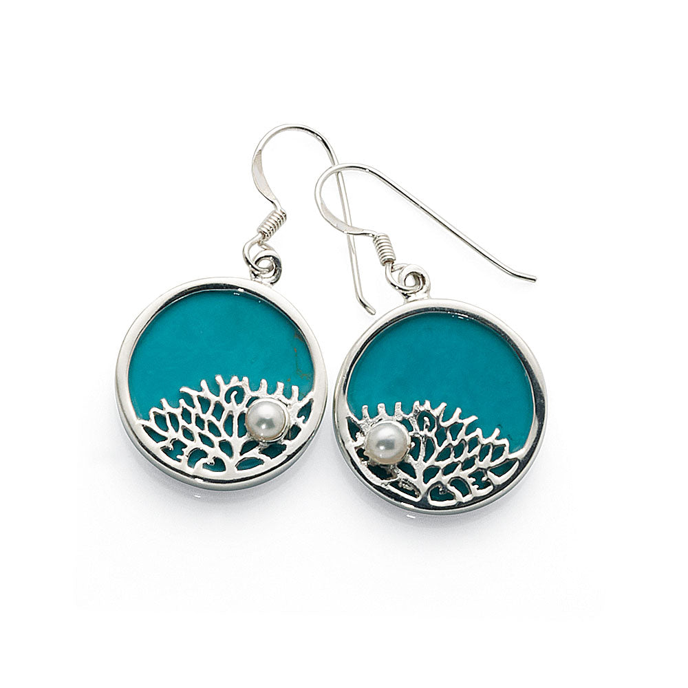 Sterling Silver Created Turquoise & Pearl Hook Earrings