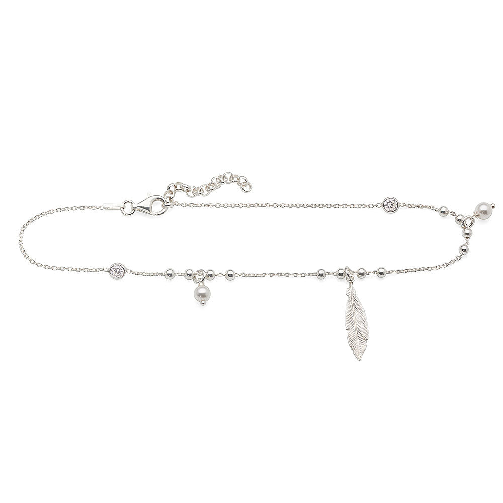 Sterling Silver Cubic Zirconia, Hanging Pearl & Feather Ankl