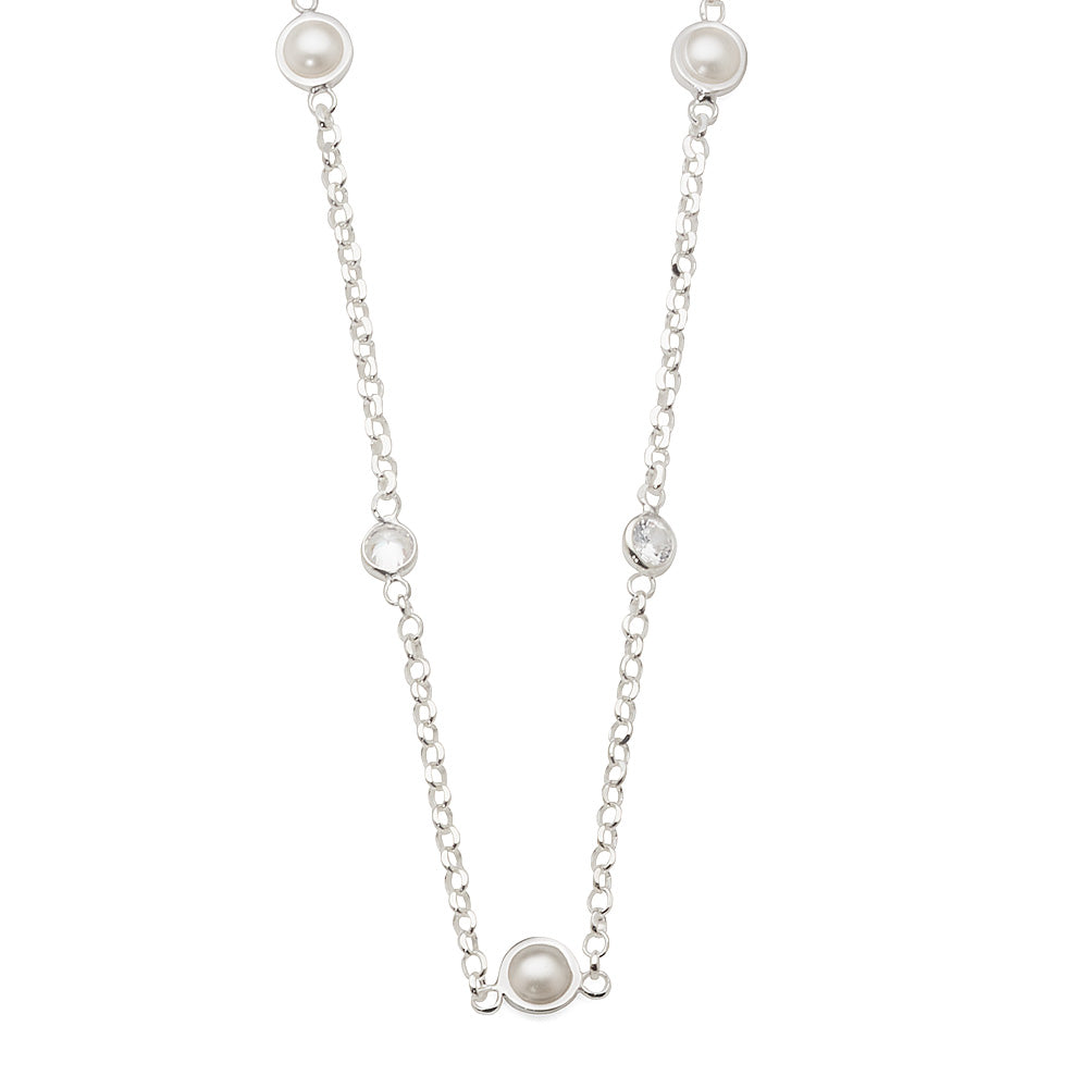 Sterling Silver Pearl & Cubic Zirconia 45cm Cable Chain