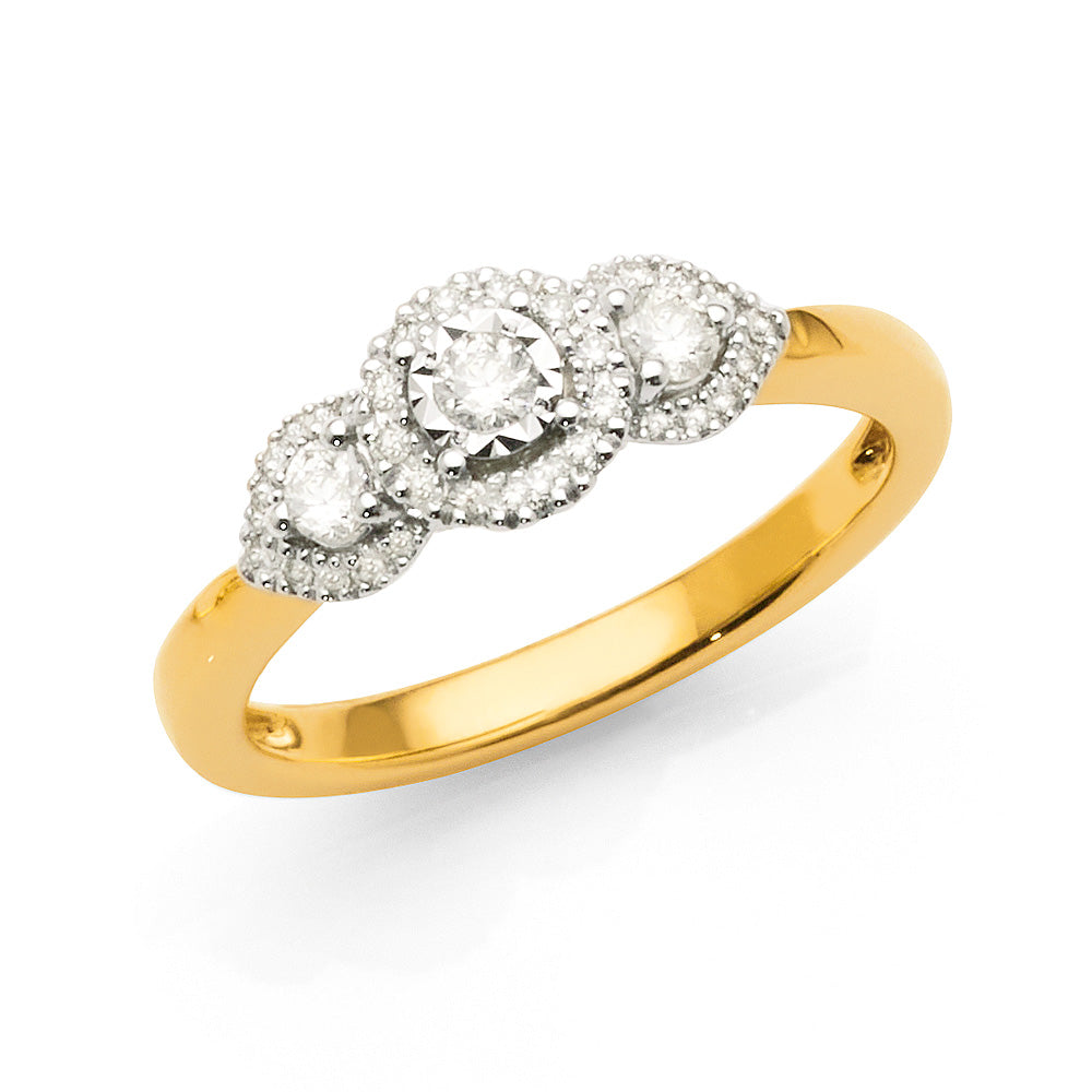 9ct Gold Illusion Set Diamond Trilogy Halo Engagement Ring