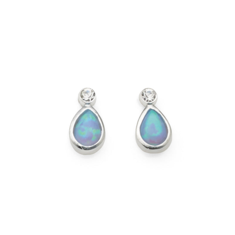 Sterling Silver Created Blue Pear Shaped Opal & Crystal Stud