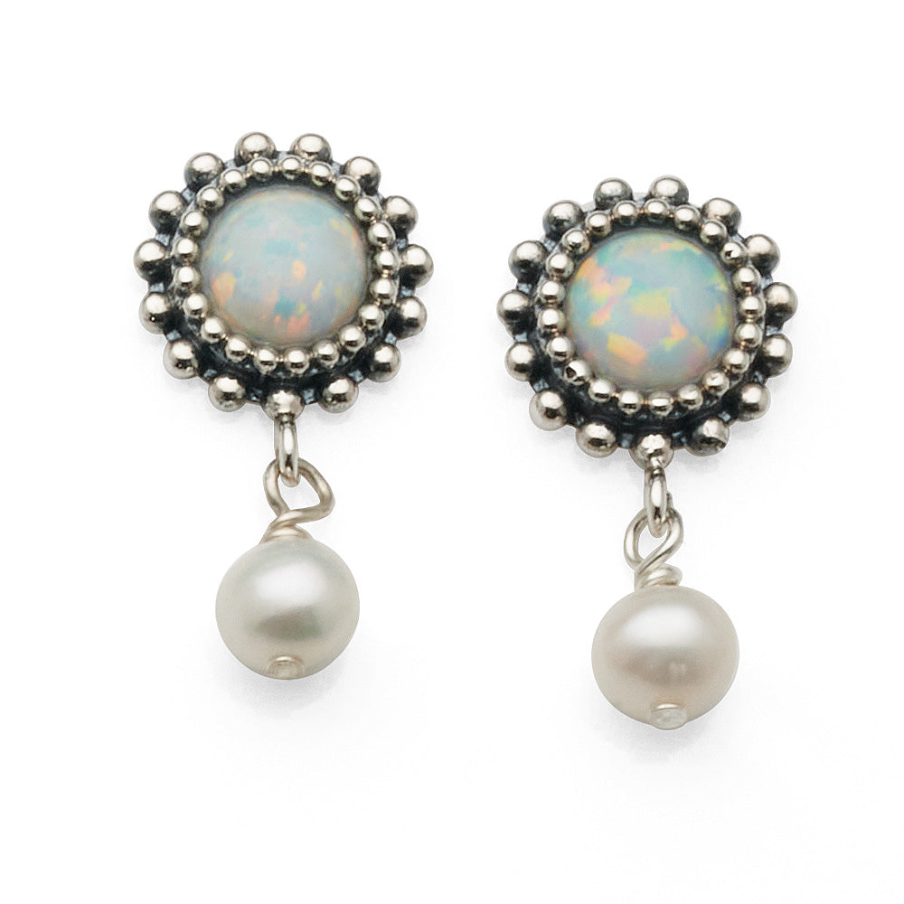 Sterling Silver Created White Opal & Freshwater Pearl Drop S