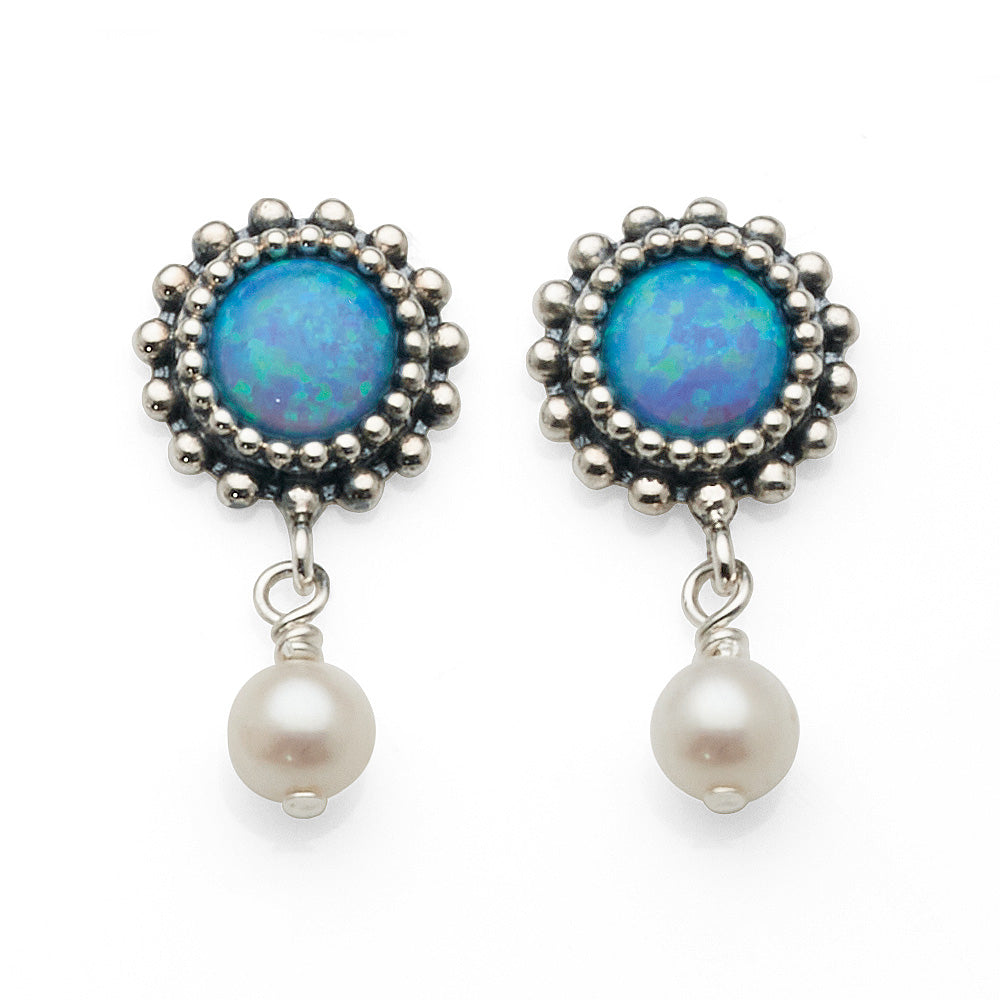 Sterling Silver Created Blue Opal & Freshwater Pearl Drop St