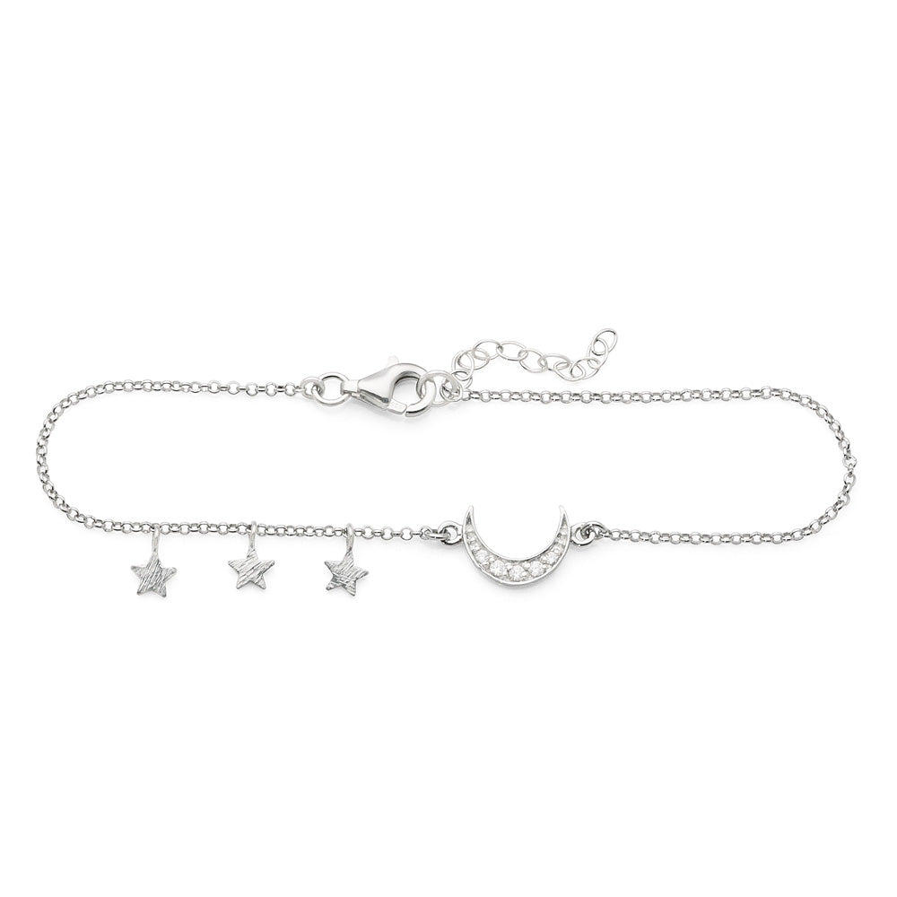 Sterling Silver Cubic Zirconia Moon & Star 26cm Anklet