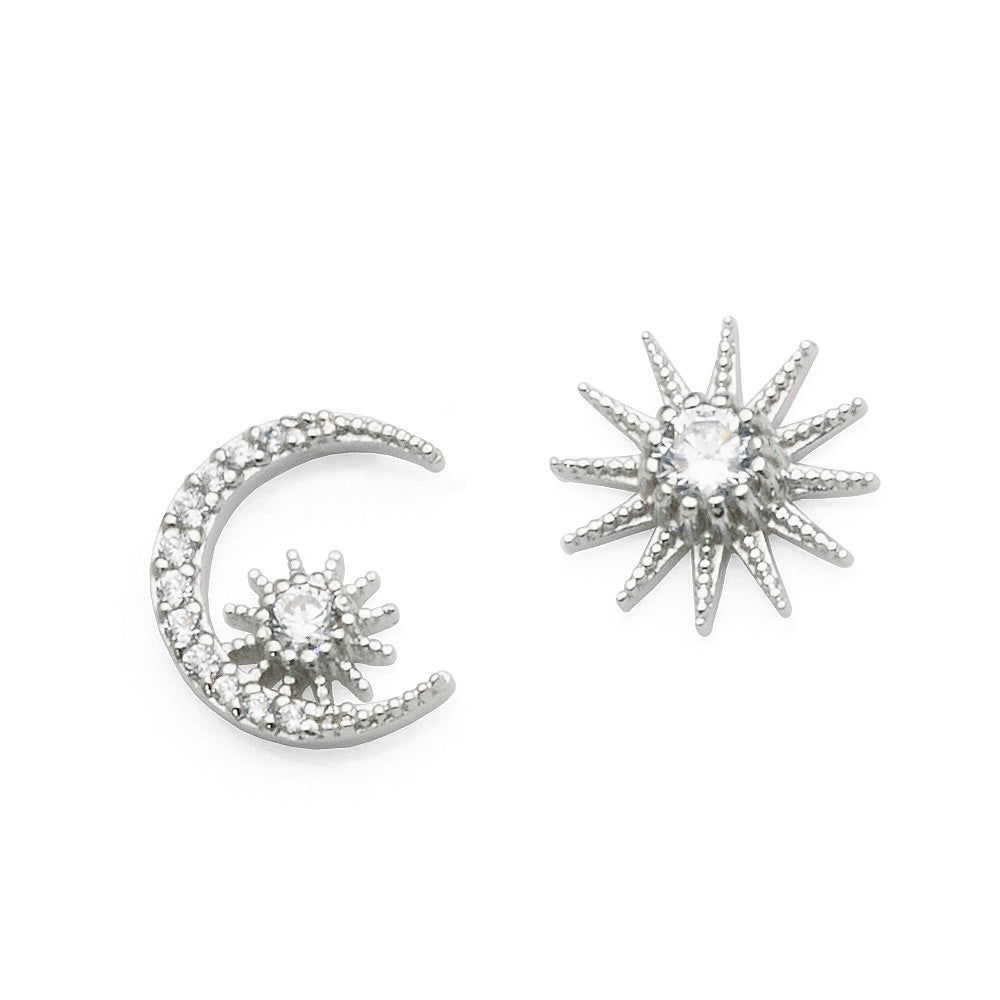 Sterling Silver Cubic Zirconia Asymmetrical Moon & Star Stud