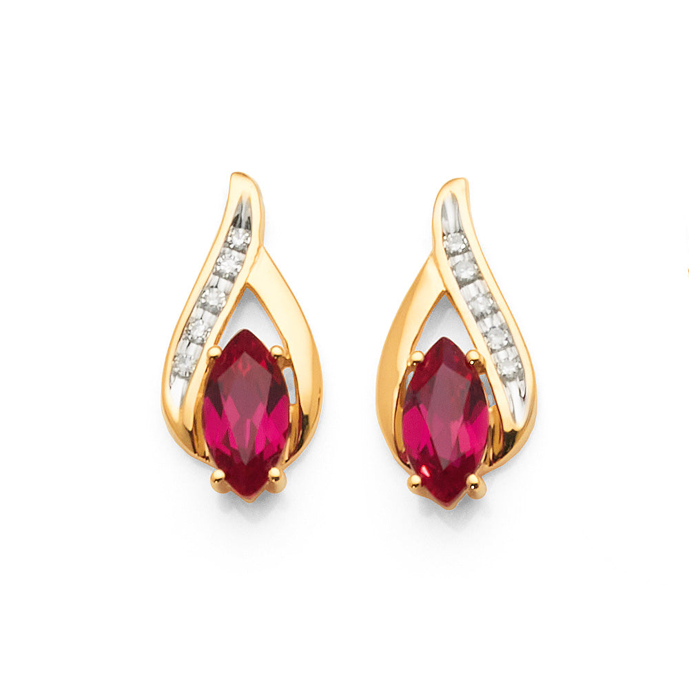 9ct Yellow Gold Marquise Shaped Created Ruby & Diamond Studs