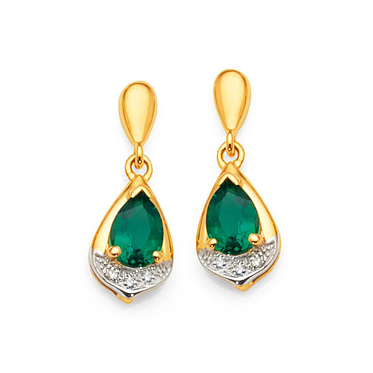 9ct Yellow Gold Emerald & Diamond Hanging Studs