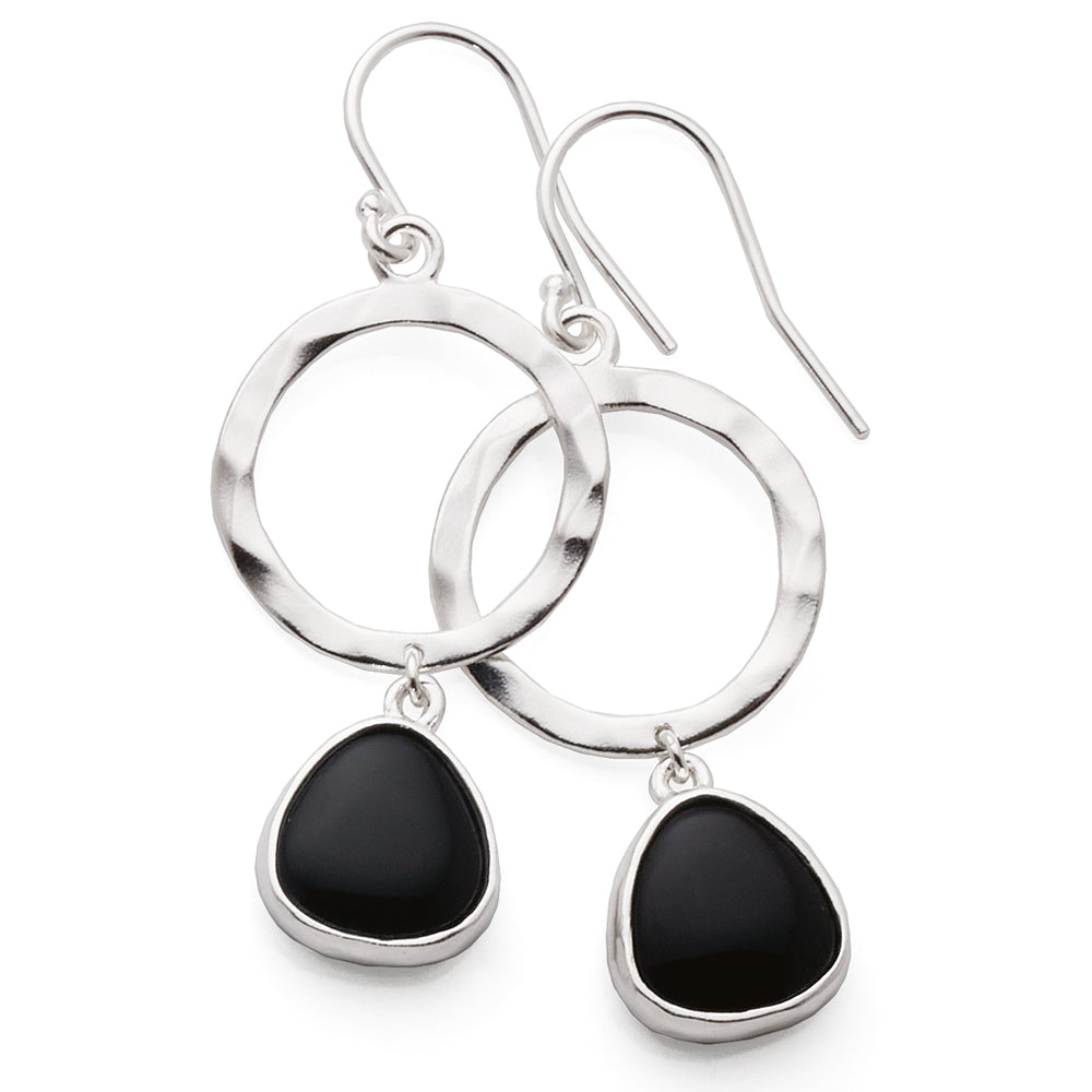 Sterling Silver Hammered Open Circle Black Agate Drop Hook E