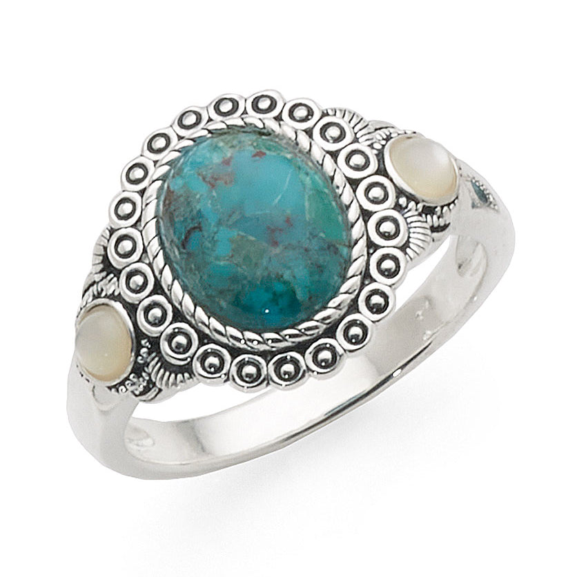 Sterling Silver Created Turquoise & Mother Of Pearl Ring