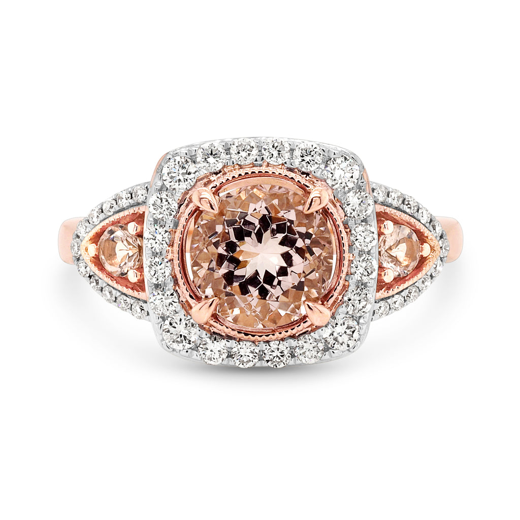 18ct Rose Gold Brilliant Cut Morganite & Diamond Halo Ring T