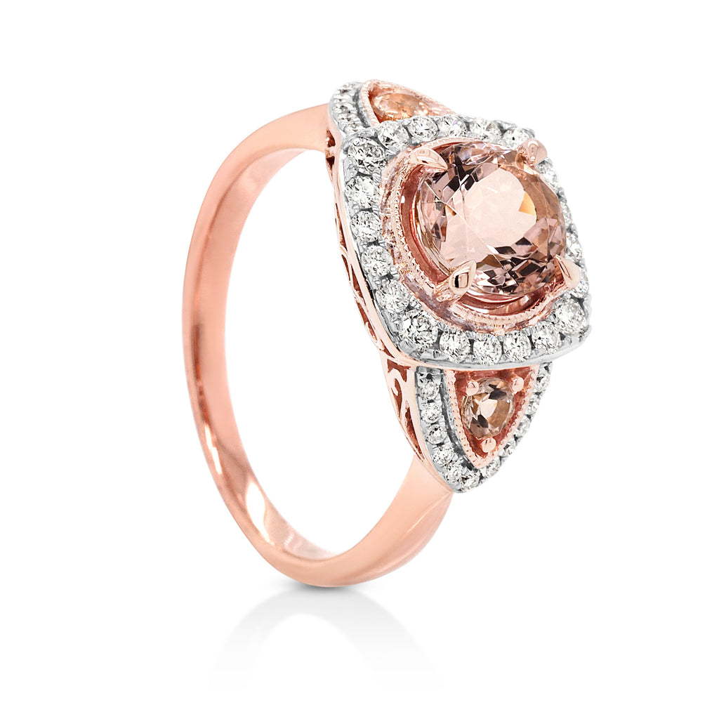 18ct Rose Gold Brilliant Cut Morganite & Diamond Halo Ring T