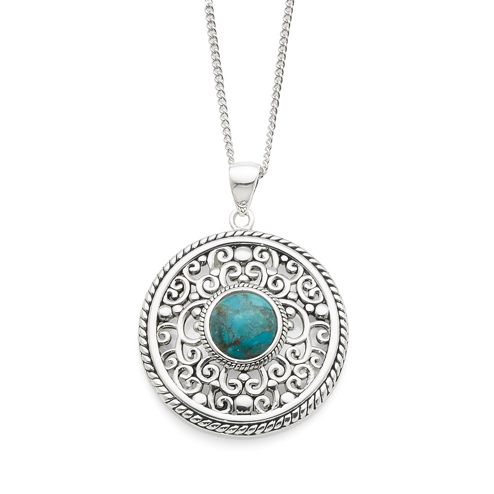 Sterling Silver 28mm Filigree Disc Created Turquoise Pendant