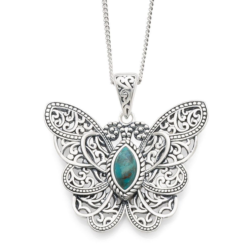 Sterling Silver 35mm Filigree Butterfly Created Turquoise Pe