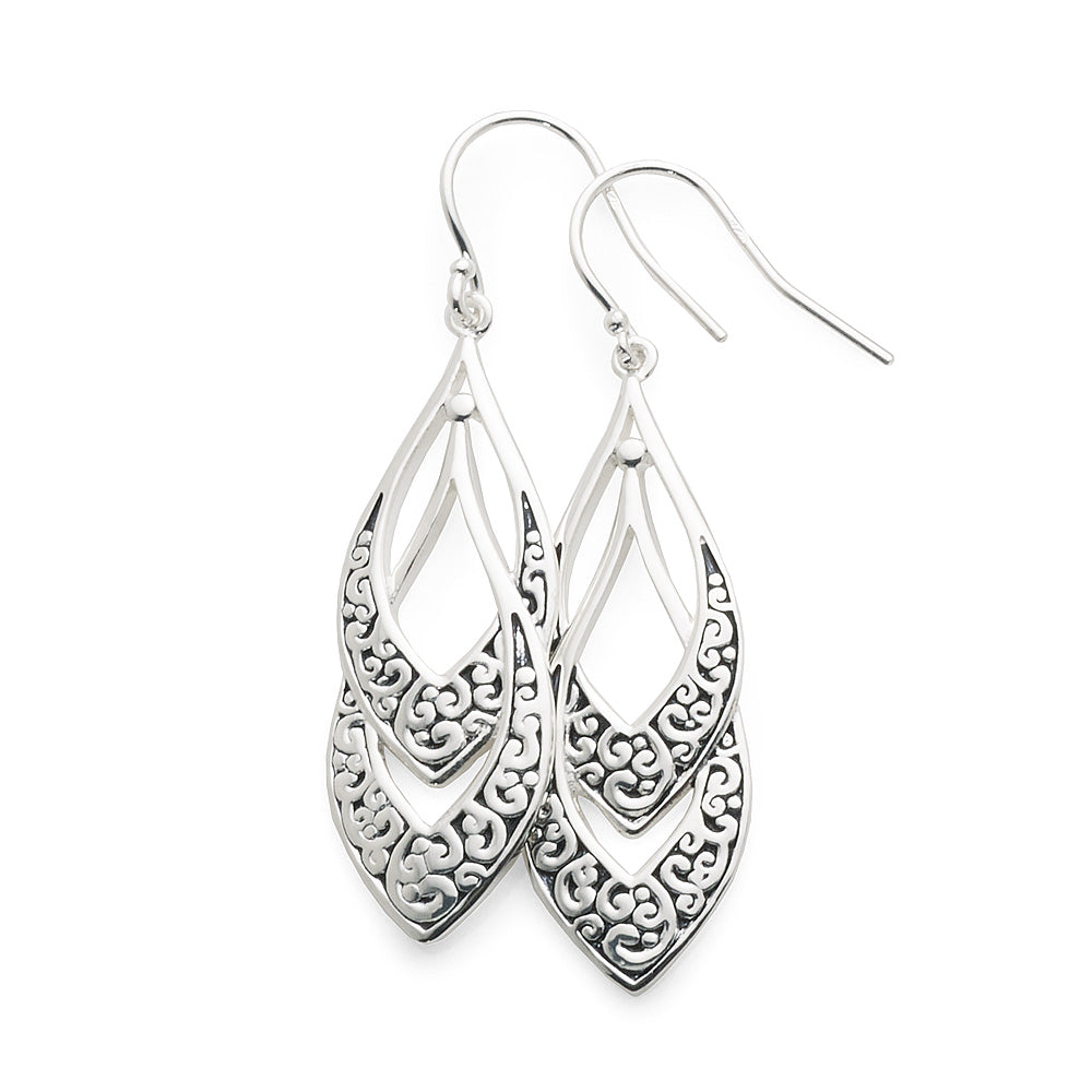 Sterling Silver 35mm Filigree Drop Hook Earrings