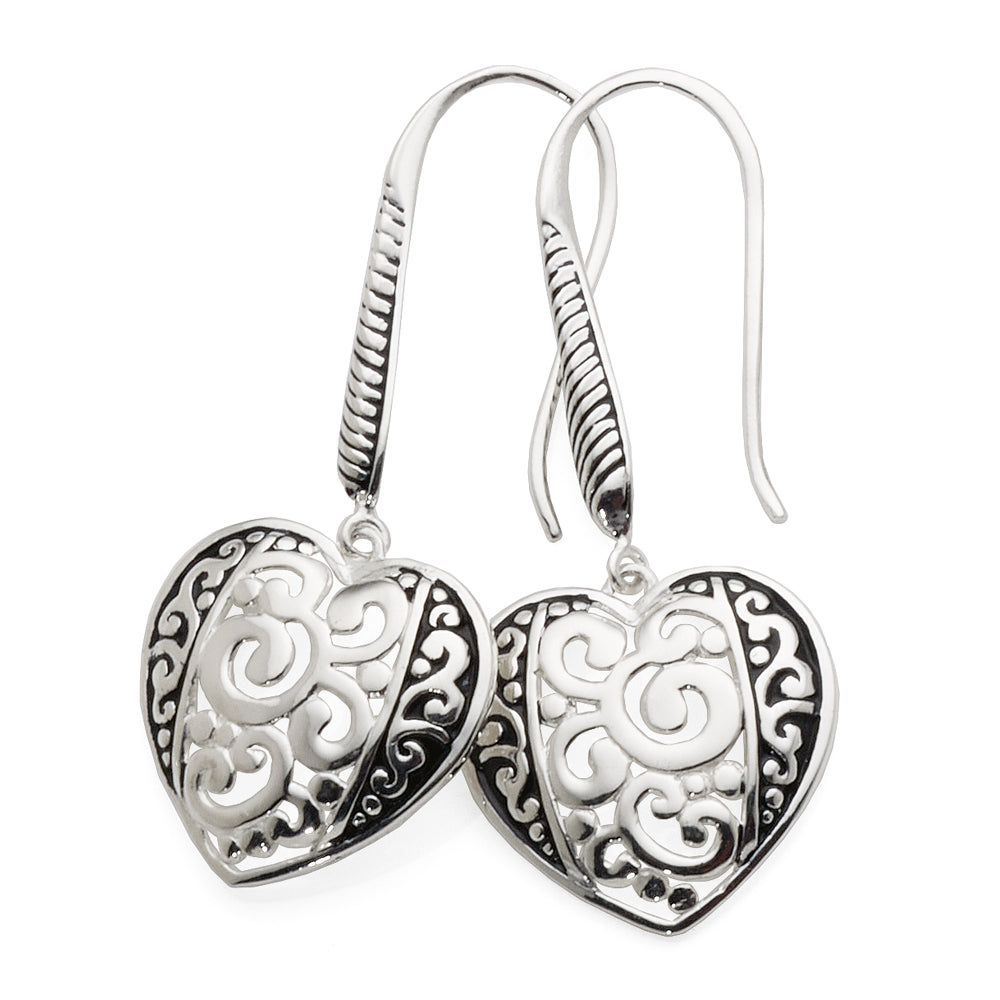 Sterling Silver Filigree Heart Hook Earrings