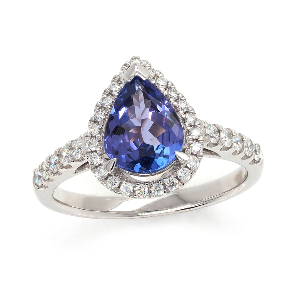 18ct White Gold Pear Tanzanite and Diamond Halo Ring