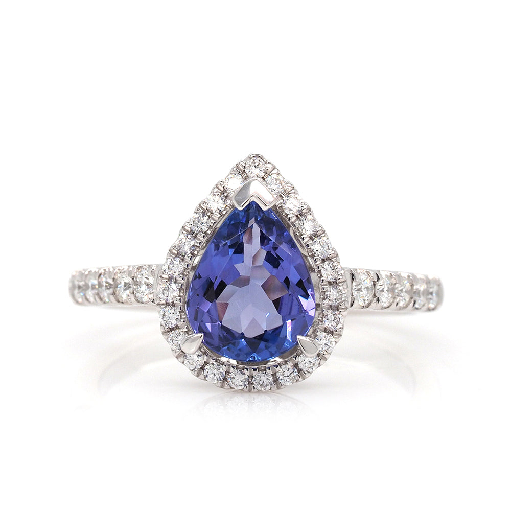 18ct White Gold Pear Tanzanite and Diamond Halo Ring