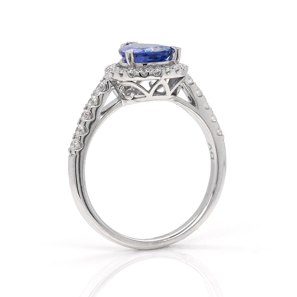 18ct White Gold Pear Tanzanite and Diamond Halo Ring