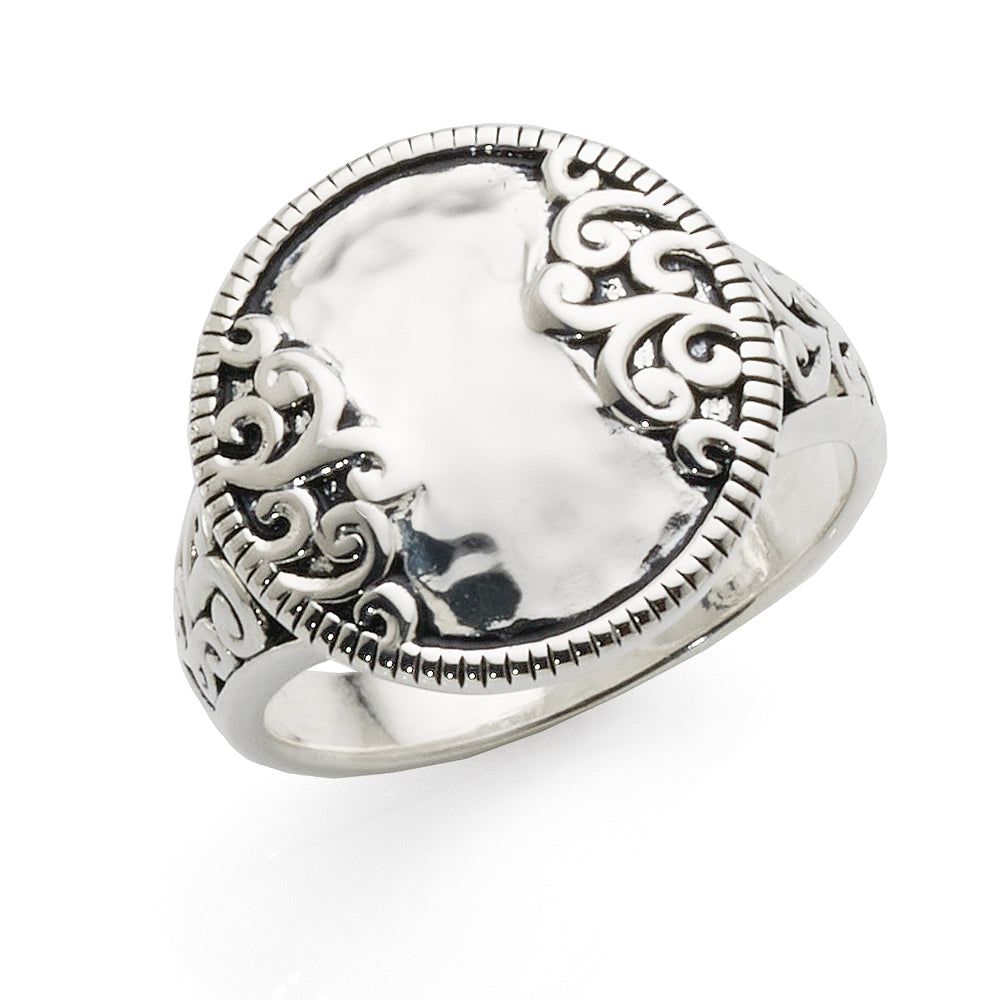 Sterling Silver Hammered Pattern Disc Filigree Ring