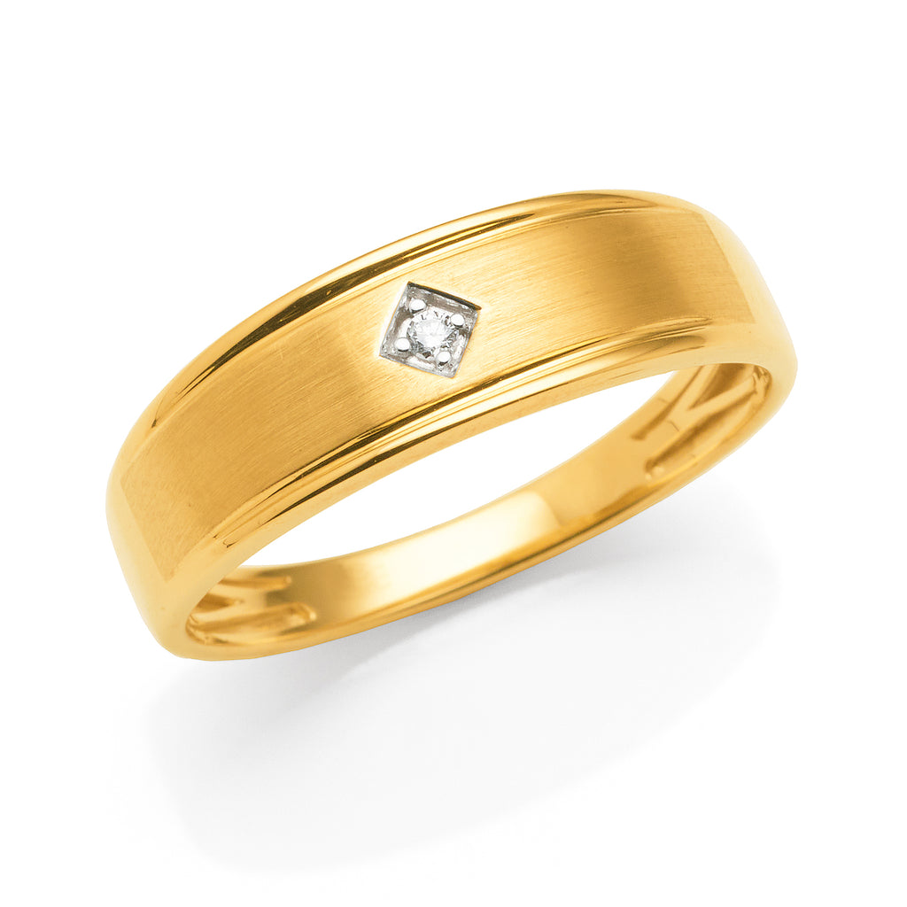 9ct Yellow Gold Diamond Set Gents Band Engraved Line Edges