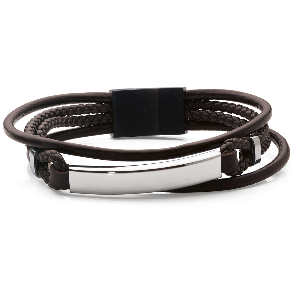 Four Strand Brown Leather Stainless Steel ID Bracelet