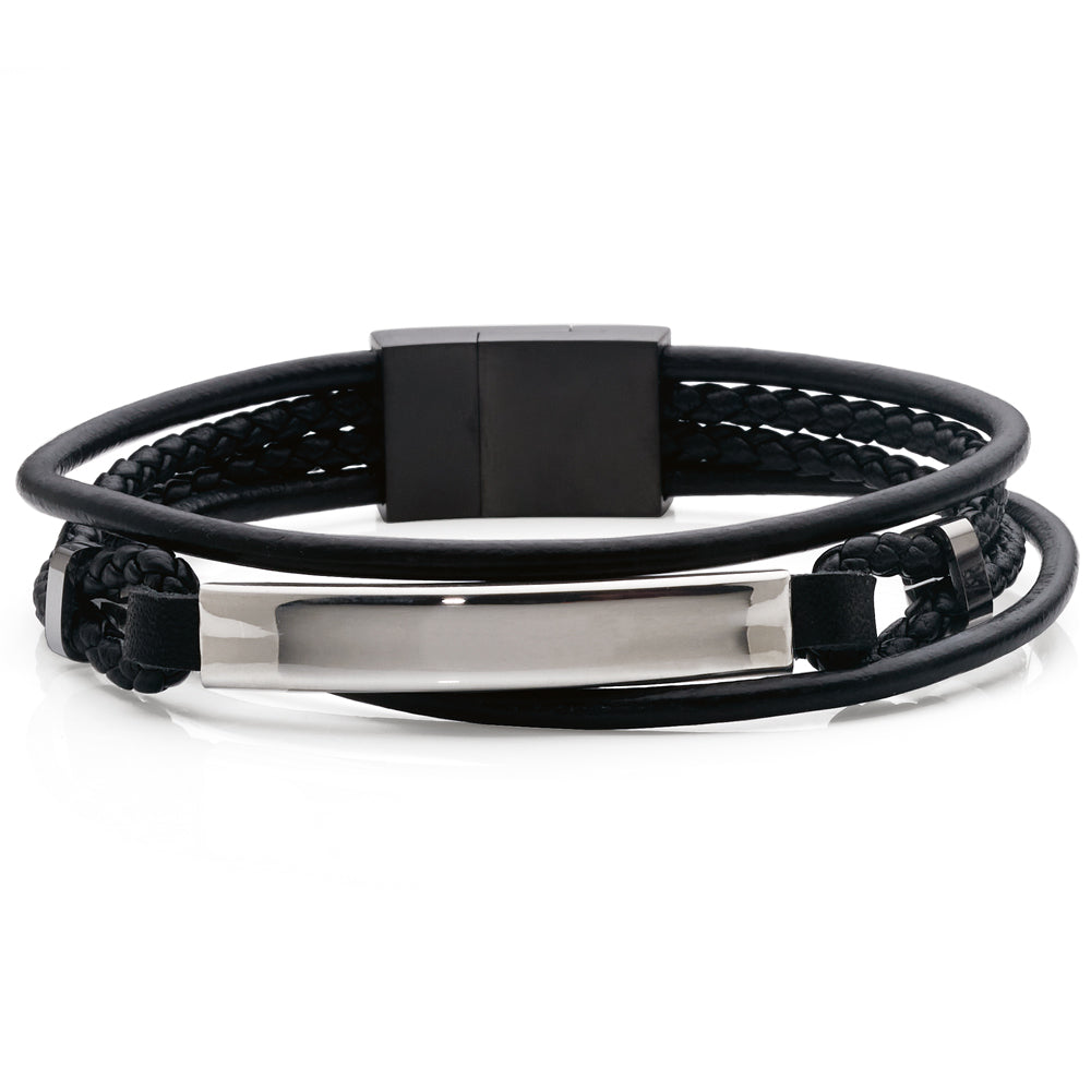 Four Strand Black Leather Stainless Steel ID Bracelet