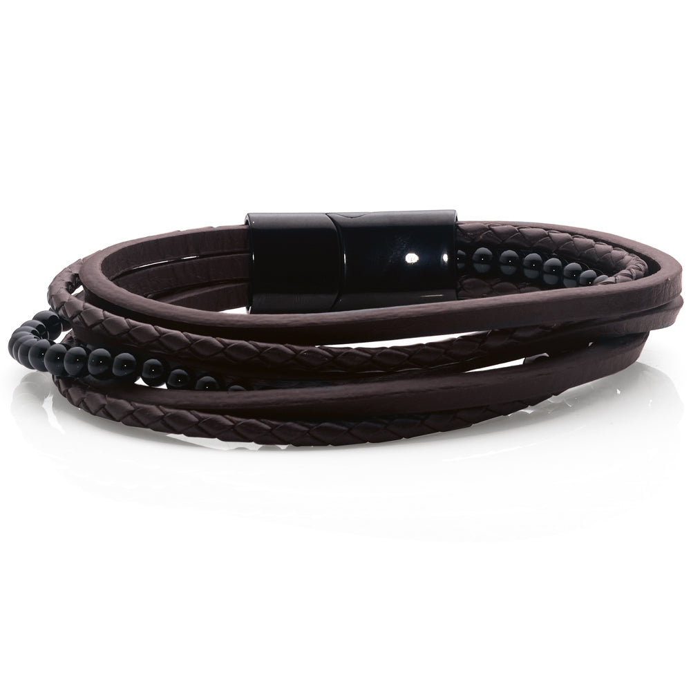 Brown Leather & Onyx Ball Bracelet With Stainless Steel Clas